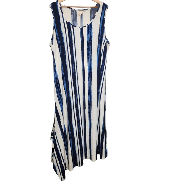Truth + Style 2XP Midi Dress Blue White Stripes Jersey Knit Boho Beach Petite - Picture 2 of 7